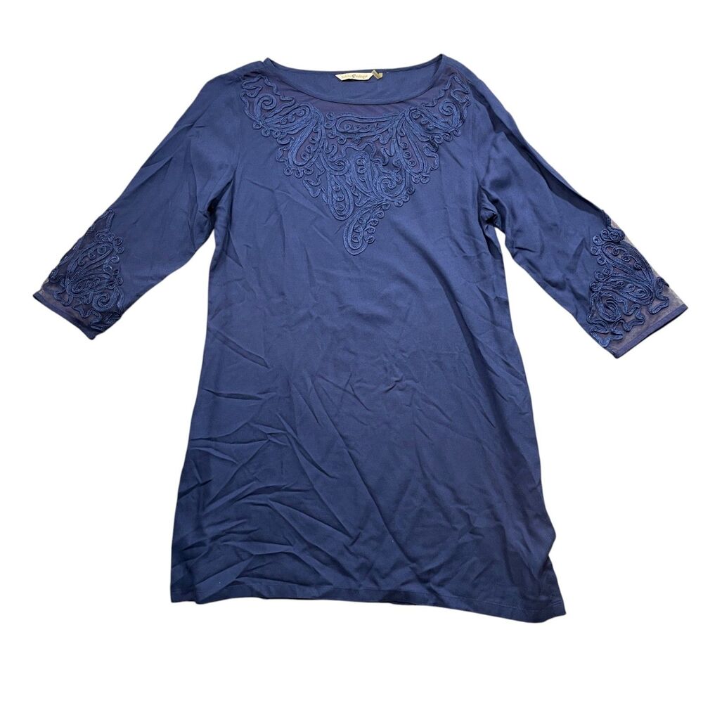 Soft‎ Surroundings Navy Small Tunic Sheer Embroidered 3/4 Sleeve Body Rayon